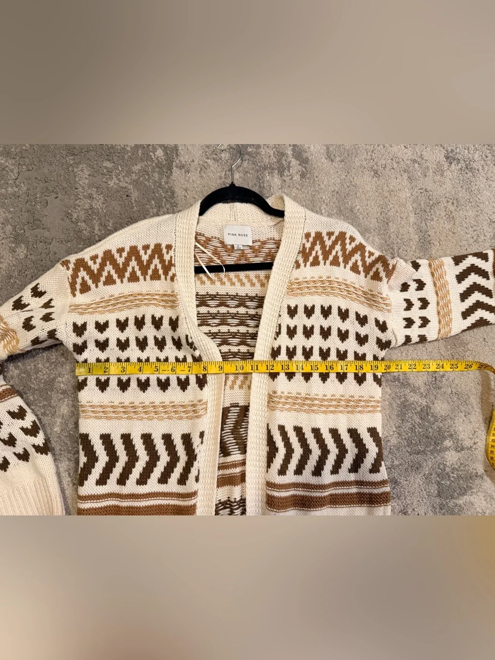Pink Rose Cozy Patterned Open-Front Cardigan Sweater - Cream & Brown